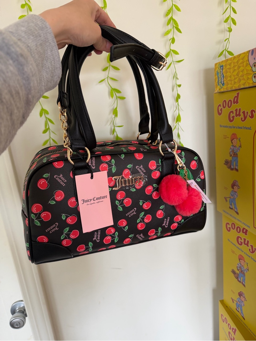 Juicy Couture Black Cherry Print Satchel with Pink Pom-Pom